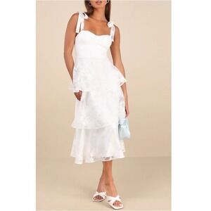 Lulus Women's Drayson White Floral Burnout Tie Strap Tiered Dress Size L NWT